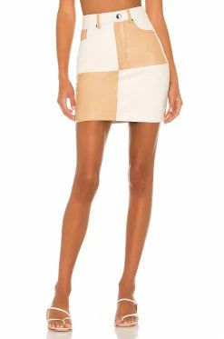 Song Of Style Vianka Leather Mini Skirt In Brown & Ivory